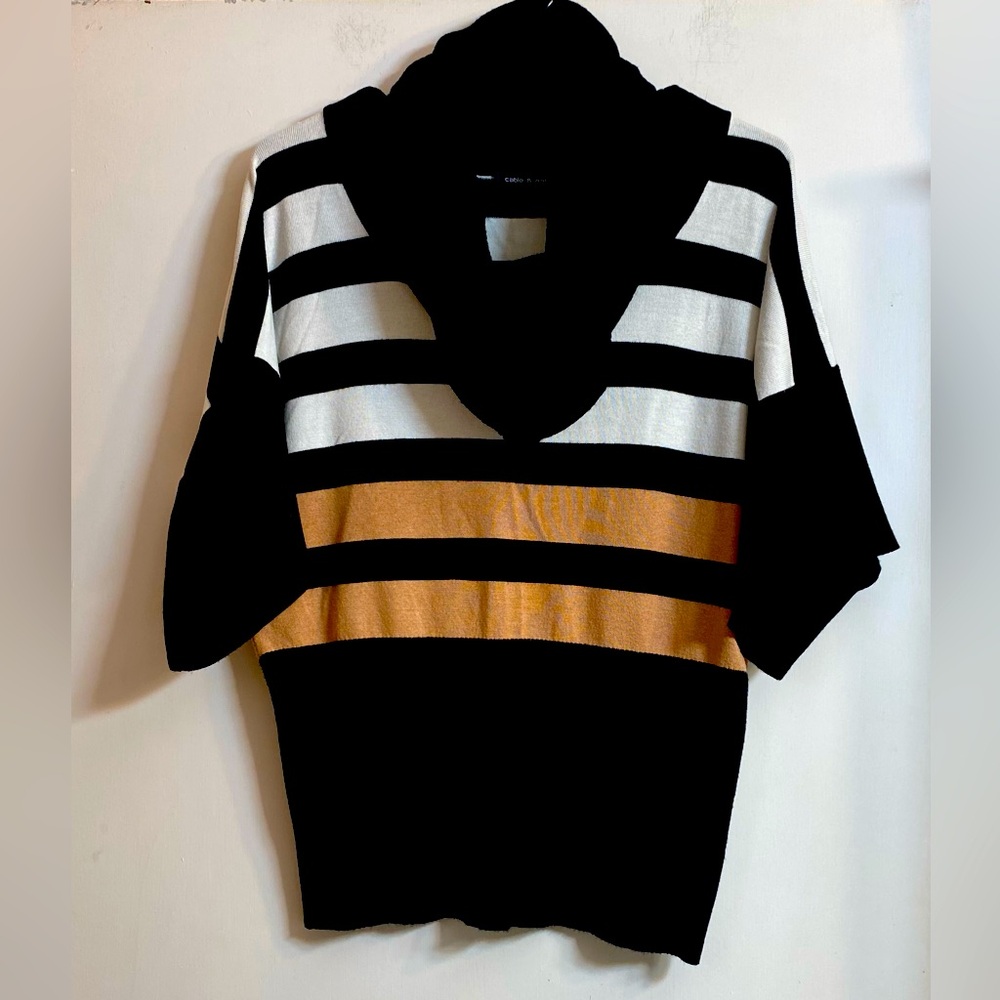 Cable & Gauge Stripe Sweater Cowl Neck Black with brown White Stripes  M.